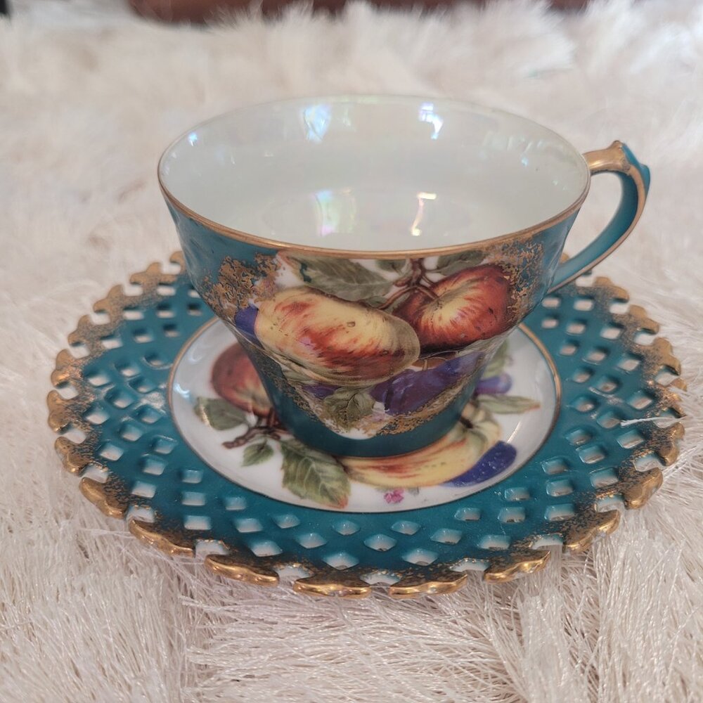Royal Halsey Tea Cup and Saucer Hand Painted Fruit Turquoise